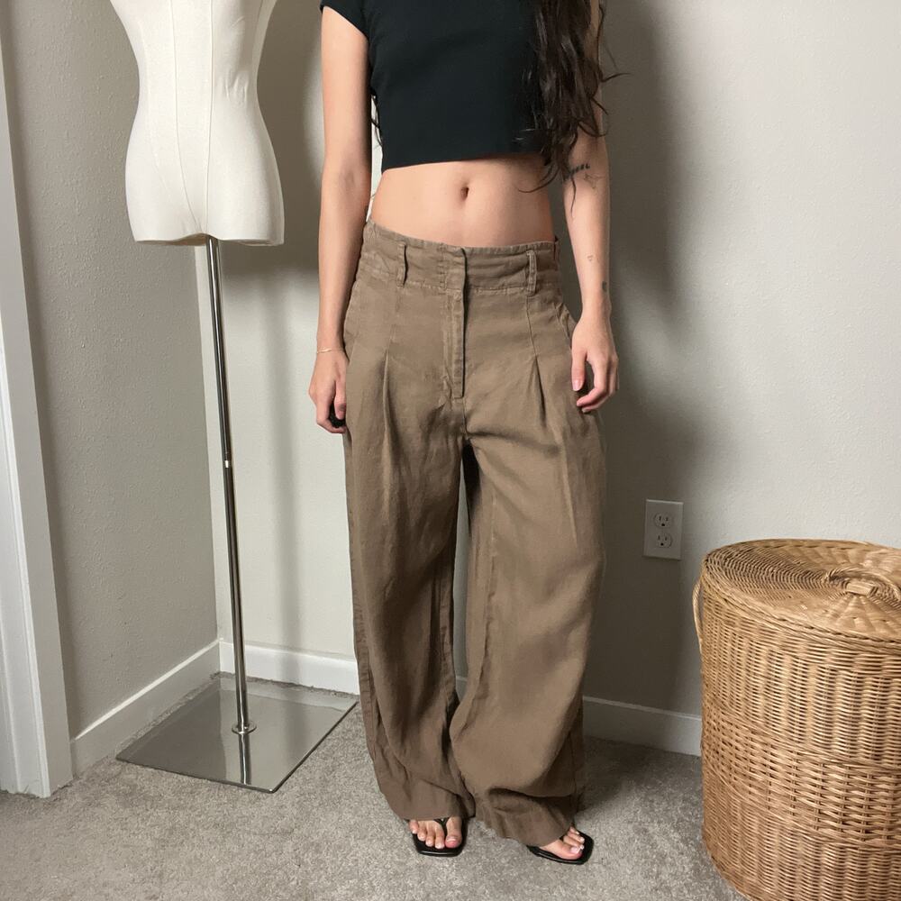 chicos tan brown linen relaxed oversized wide leg pleated trousers pants